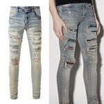 Iridescence Printed Patch Worn Baby Blue Jeans Male - Image 5