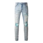 Baby Blue Wash Water Worn Patch Torn Jeans Male - Image 4