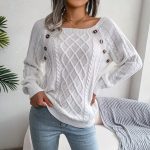 Square Neck Button Fried Dough Twist Knitting Sweater - Image 6