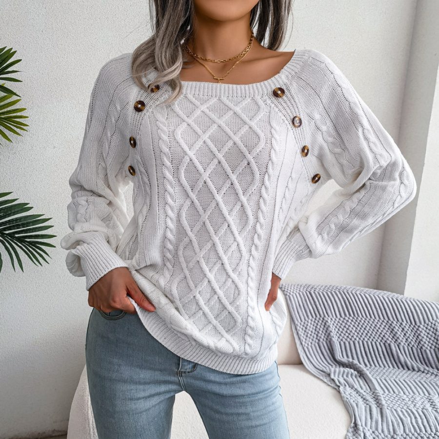Square Neck Button Fried Dough Twist Knitting Sweater - Image 6
