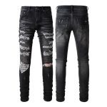 Grey Cashew Flower Pleated Patch With Holes Slim Fitting Jeans - Image 5