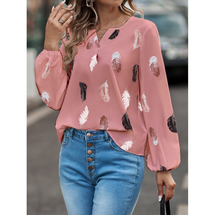 Feather Print Polo Shirt Long Lantern Sleeve Shirt Turndown Collar Breasted Tops Clothes - Image 7