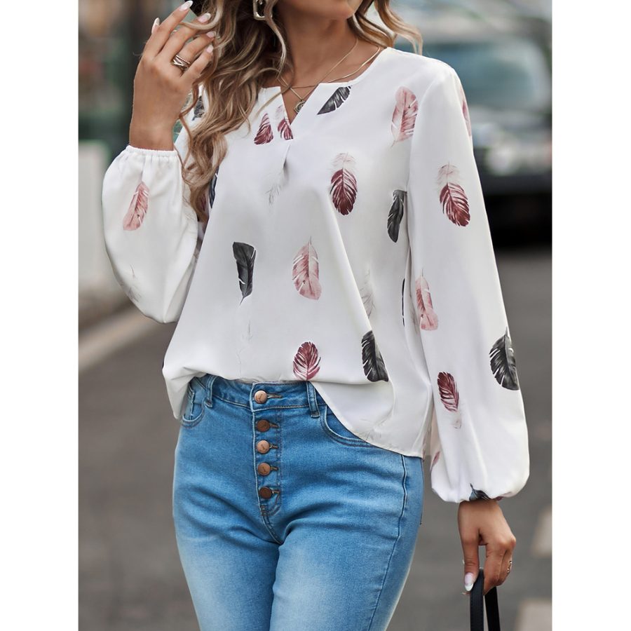 Feather Print Polo Shirt Long Lantern Sleeve Shirt Turndown Collar Breasted Tops Clothes - Image 8
