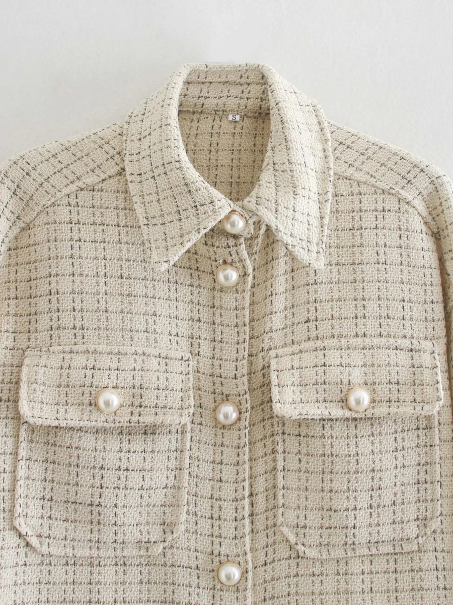 Women Plaid Pattern Thick Coats Jacket Pearl Buttons Long Sleeves Pocket Ladies Elegant Autumn Winter Coat - Image 7