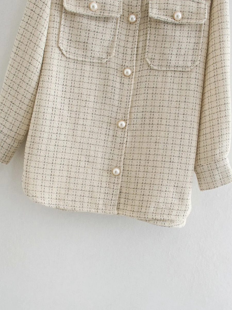 Women Plaid Pattern Thick Coats Jacket Pearl Buttons Long Sleeves Pocket Ladies Elegant Autumn Winter Coat - Image 4