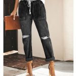 Straight Ripped Jeans For Women Drawstring Trousers With Pockets Fashion Pants - Image 2