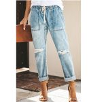 Straight Ripped Jeans For Women Drawstring Trousers With Pockets Fashion Pants - Image 5