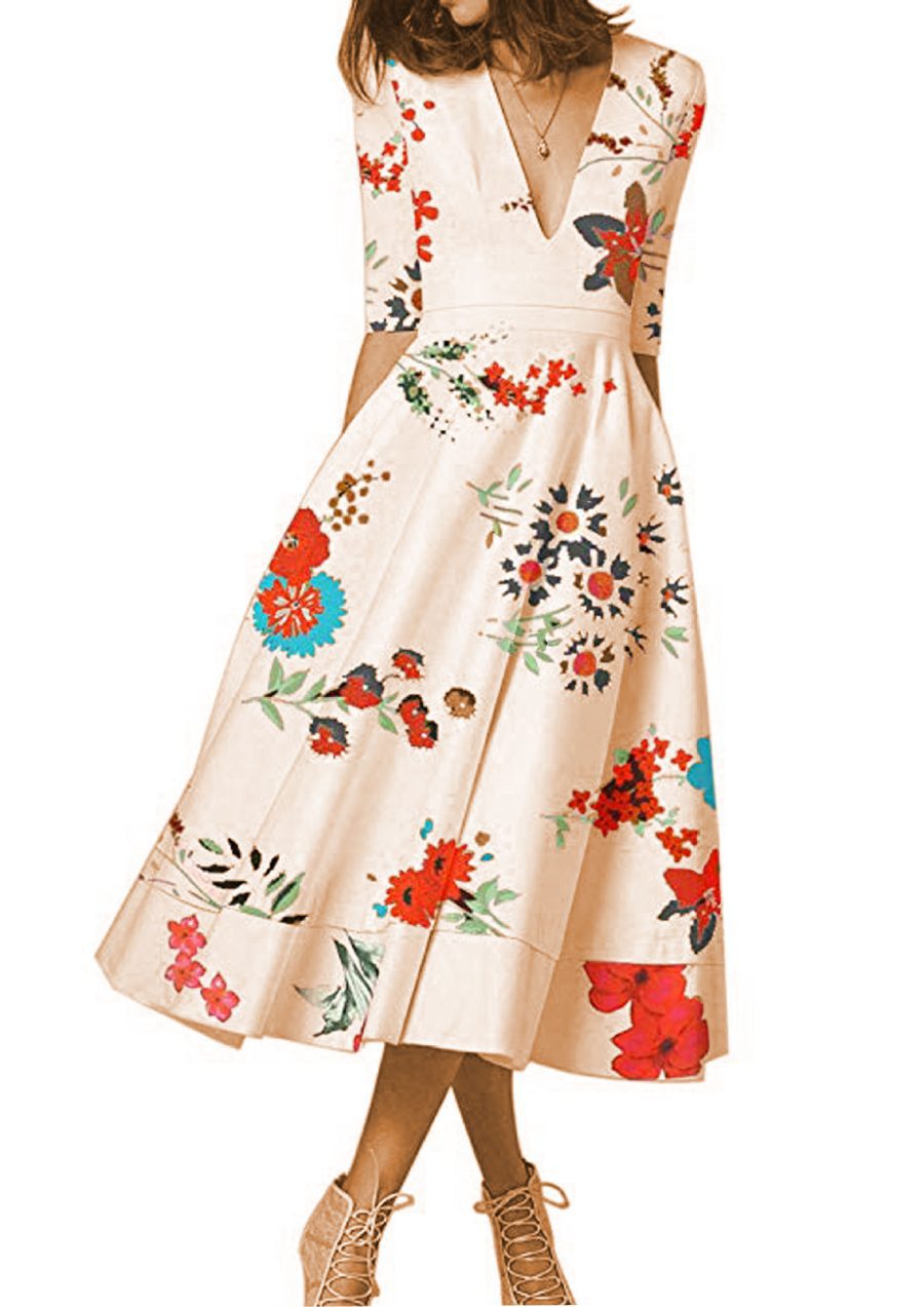 Deep V Sleeve Dress Flower Midi Dress - Image 2