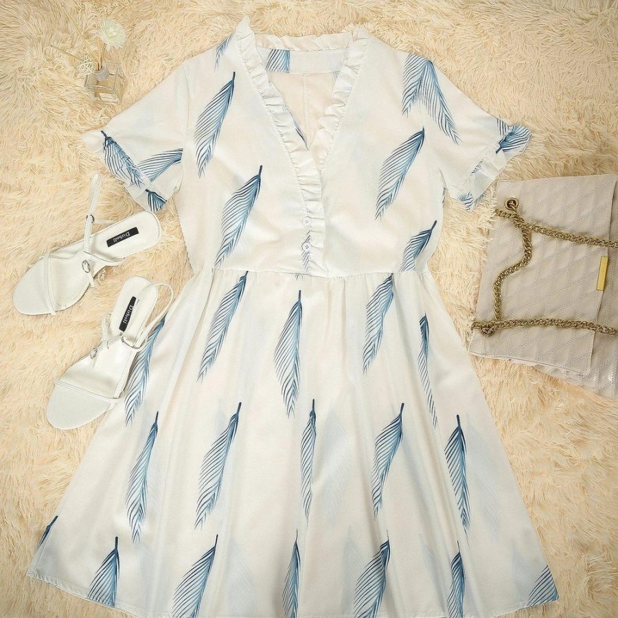 Mini V-neck Feather Print Dress - Image 3