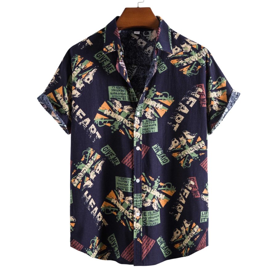 Vintage Letter Print Turn-down Collar Shirts Men Casual Short Sleeve Tops Summer Mens Button Loose Shirt Fashion Streetwear - Image 2
