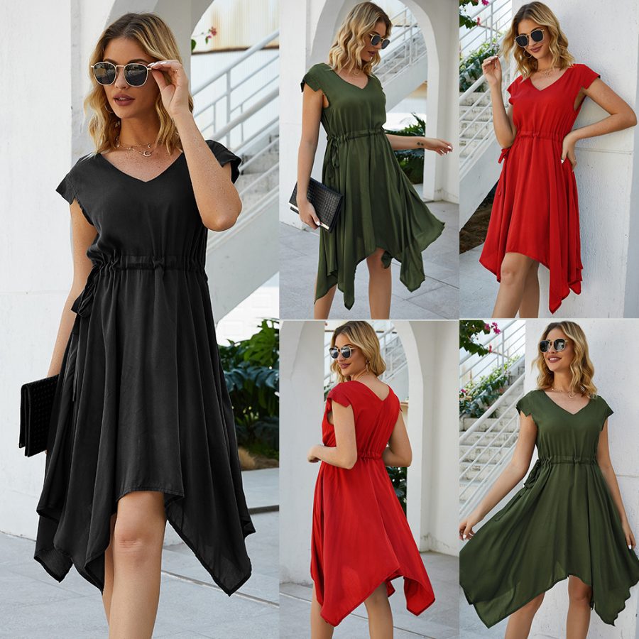Summer Dress Women Fashion Mini Dress Irregular V Neck Drawstring - Image 6