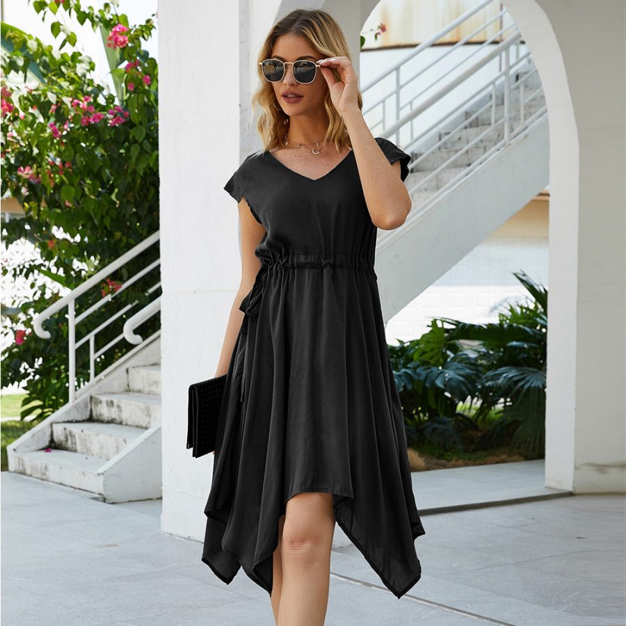 Summer Dress Women Fashion Mini Dress Irregular V Neck Drawstring - Image 3