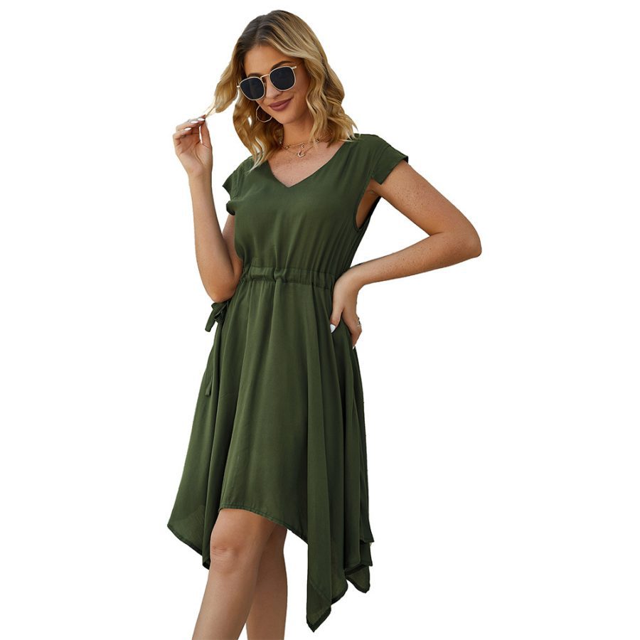 Summer Dress Women Fashion Mini Dress Irregular V Neck Drawstring