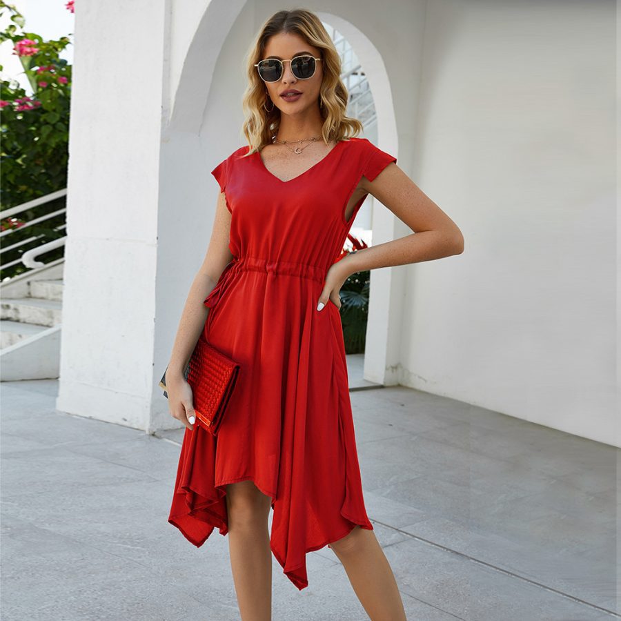 Summer Dress Women Fashion Mini Dress Irregular V Neck Drawstring - Image 4