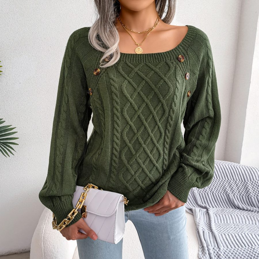 Square Neck Button Fried Dough Twist Knitting Sweater - Image 5