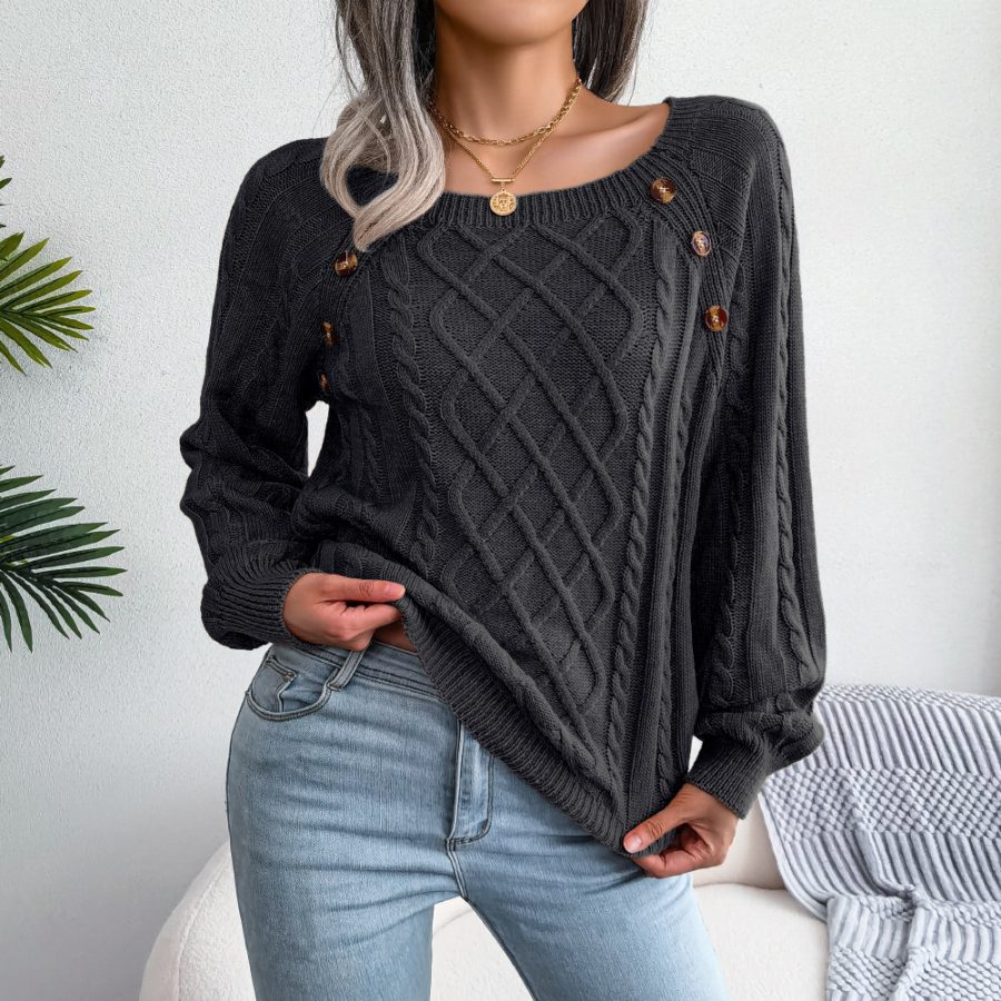Square Neck Button Fried Dough Twist Knitting Sweater - Image 2