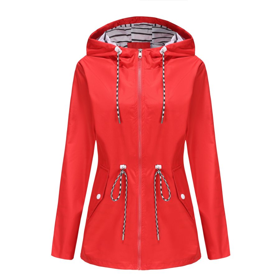 Long Sleeved Splashproof Mid Length Windbreaker For Women's Hooded Raincoat - Image 8