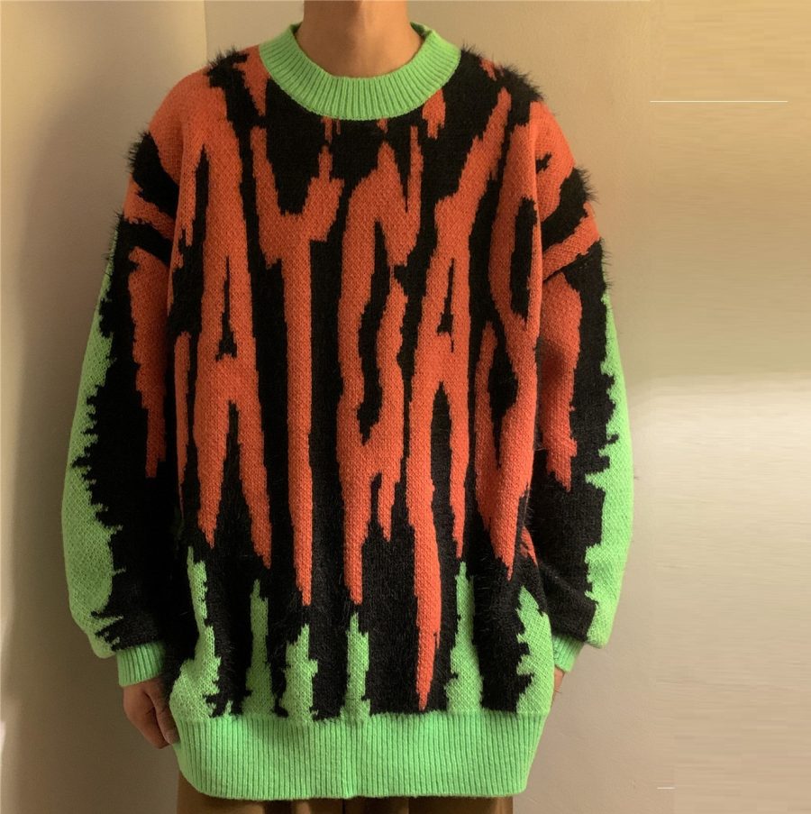 Splice Knit Thickened Crew Neck Loose Pullover Sweater