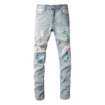 Baby Blue Wash Water Worn Patch Torn Jeans Male - Image 6