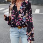 Women's Tops Casual Floral Print V Neck Long Sleeve Shirts Loose Chiffon Blouses Shirts Tops - Image 3