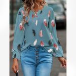 Feather Print Polo Shirt Long Lantern Sleeve Shirt Turndown Collar Breasted Tops Clothes - Image 2
