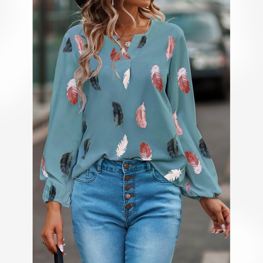 Feather Print Polo Shirt Long Lantern Sleeve Shirt Turndown Collar Breasted Tops Clothes - Image 2