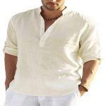 Men's Casual Cotton Linen Solid Color Long Sleeve Shirt Loose Stand Collar - Image 8