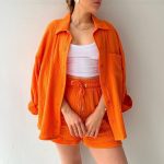 Spring Champray Lapel Long Sleeve Shirt High Waist Drawstring Shorts Plus Size Fashion Casual Set - Image 5