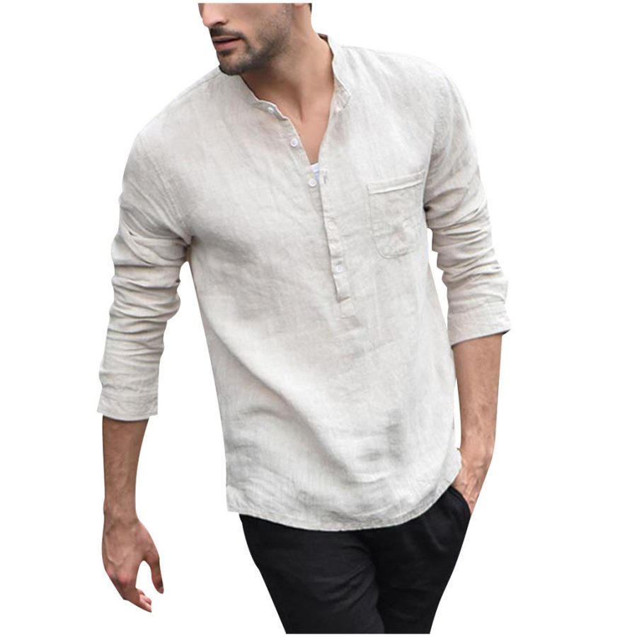 Men Vintage White Shirt Button Linen Shirts - Image 2