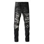 Grey Cashew Flower Pleated Patch With Holes Slim Fitting Jeans - Image 3
