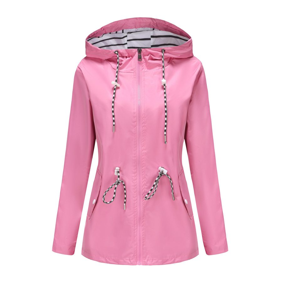 Long Sleeved Splashproof Mid Length Windbreaker For Women's Hooded Raincoat - Image 5