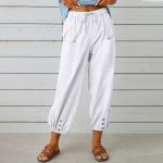 Women Drawstring Tie Pants Spring Summer Cotton And Linen Trousers With Pockets Button - Image 4