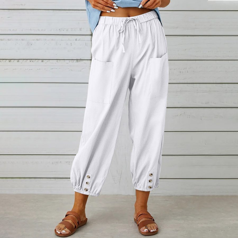 Women Drawstring Tie Pants Spring Summer Cotton And Linen Trousers With Pockets Button - Image 4