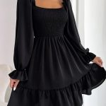 Flared Long Sleeve Dresses Women Square Neck Ruffled Swing Dress - Image 4