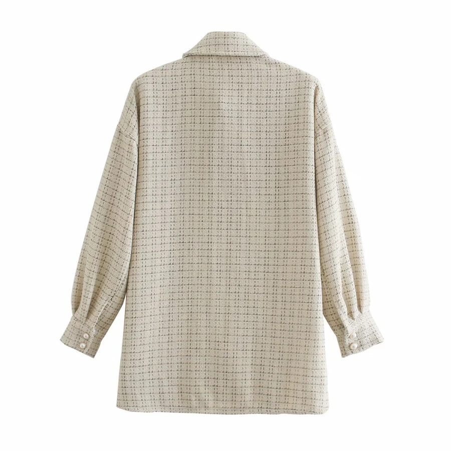 Women Plaid Pattern Thick Coats Jacket Pearl Buttons Long Sleeves Pocket Ladies Elegant Autumn Winter Coat - Image 3