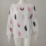 Feather Print Polo Shirt Long Lantern Sleeve Shirt Turndown Collar Breasted Tops Clothes - Image 9