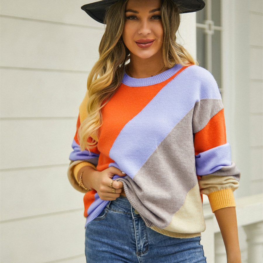 Women's Fashionable Simple Striped Patchwork Round Neck Sweater - Image 3