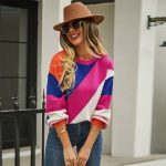 Women's Fashionable Simple Striped Patchwork Round Neck Sweater - Image 4
