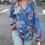 Women's Tops Casual Floral Print V Neck Long Sleeve Shirts Loose Chiffon Blouses Shirts Tops - Image 5