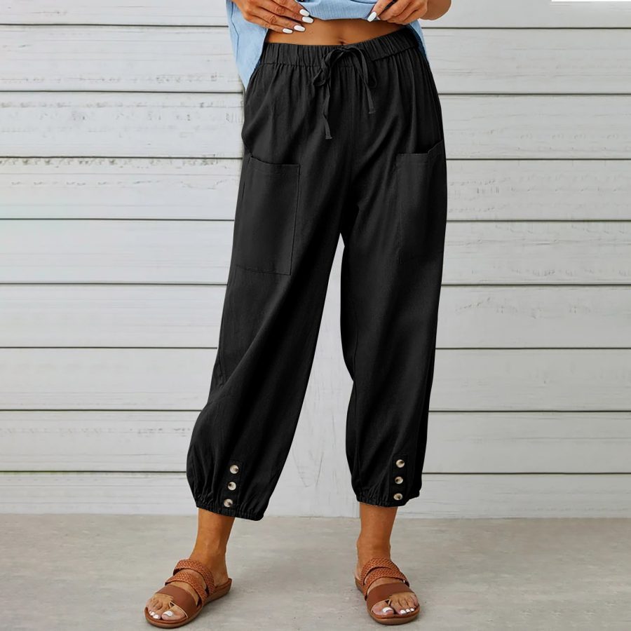 Women Drawstring Tie Pants Spring Summer Cotton And Linen Trousers With Pockets Button - Image 5