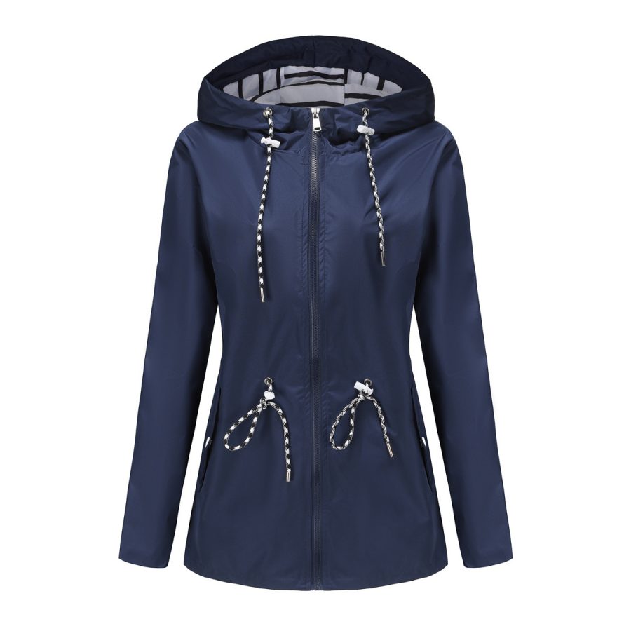 Long Sleeved Splashproof Mid Length Windbreaker For Women's Hooded Raincoat - Image 4