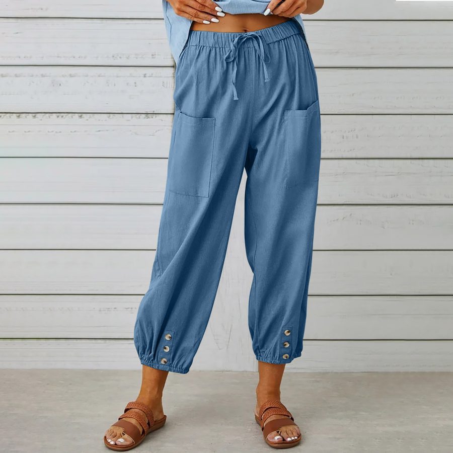 Women Drawstring Tie Pants Spring Summer Cotton And Linen Trousers With Pockets Button - Image 8