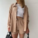 Spring Champray Lapel Long Sleeve Shirt High Waist Drawstring Shorts Plus Size Fashion Casual Set - Image 3