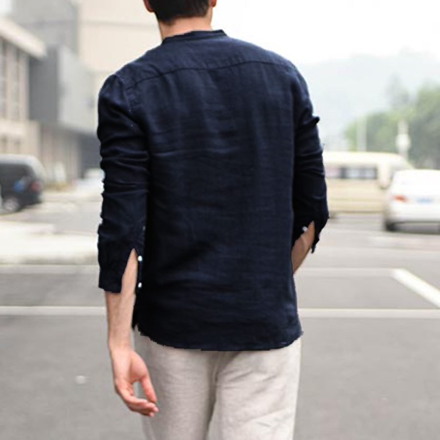 Men Vintage White Shirt Button Linen Shirts - Image 3