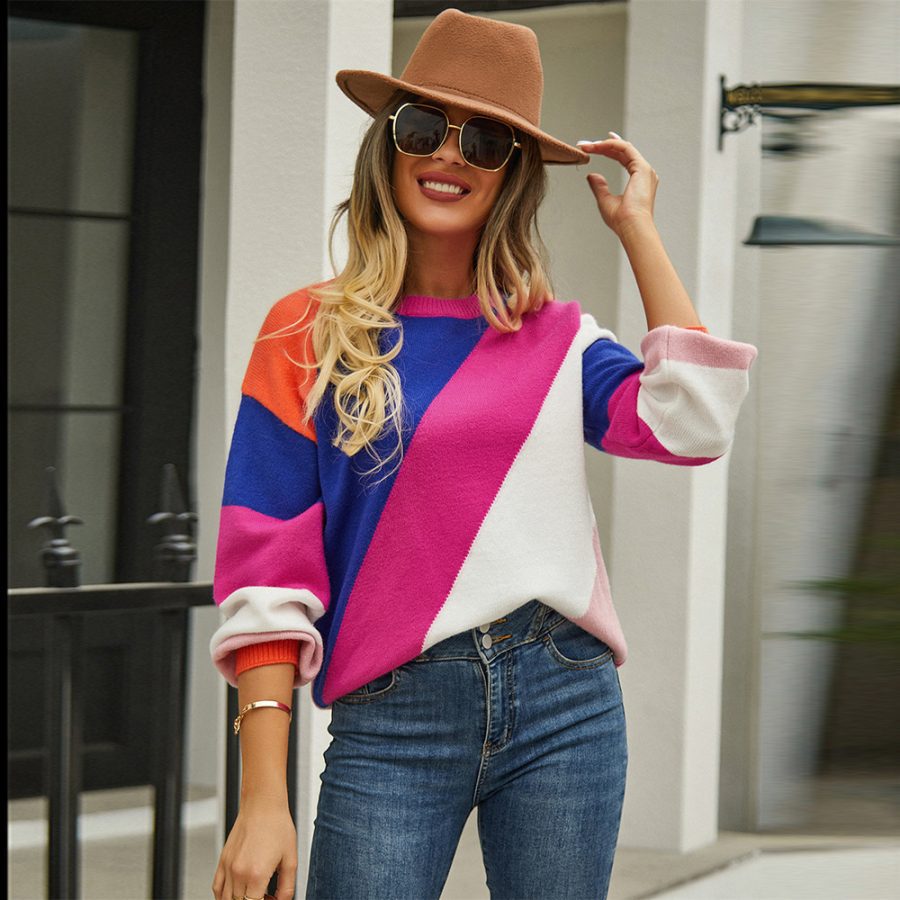 Women's Fashionable Simple Striped Patchwork Round Neck Sweater - Image 6