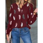 Feather Print Polo Shirt Long Lantern Sleeve Shirt Turndown Collar Breasted Tops Clothes - Image 5