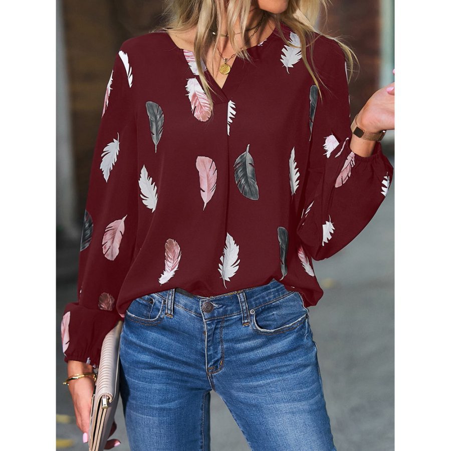 Feather Print Polo Shirt Long Lantern Sleeve Shirt Turndown Collar Breasted Tops Clothes - Image 5
