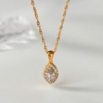 Olive Shaped Horse Eye Zircon Full Drill Titanium Steel Necklace - Image 4