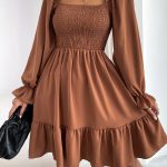 Flared Long Sleeve Dresses Women Square Neck Ruffled Swing Dress - Image 8
