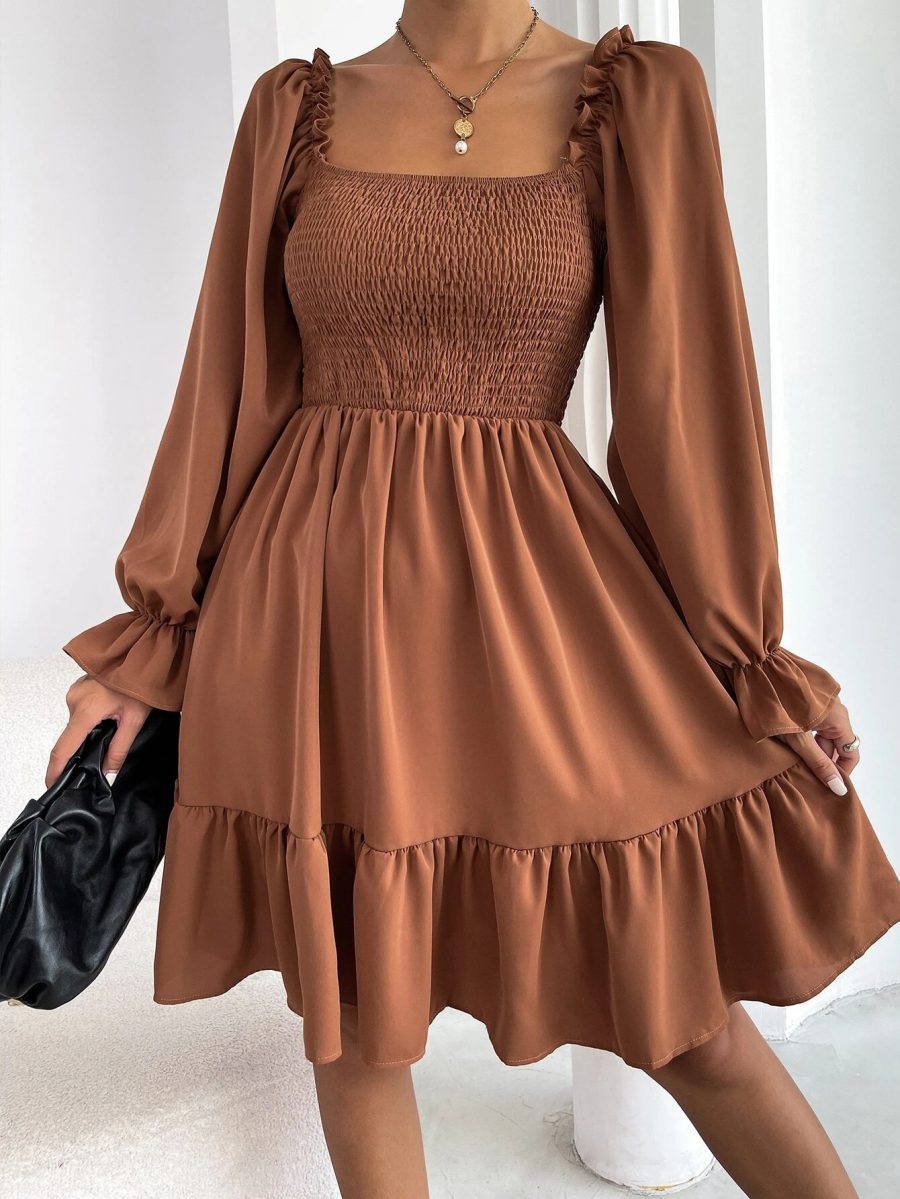 Flared Long Sleeve Dresses Women Square Neck Ruffled Swing Dress - Image 8